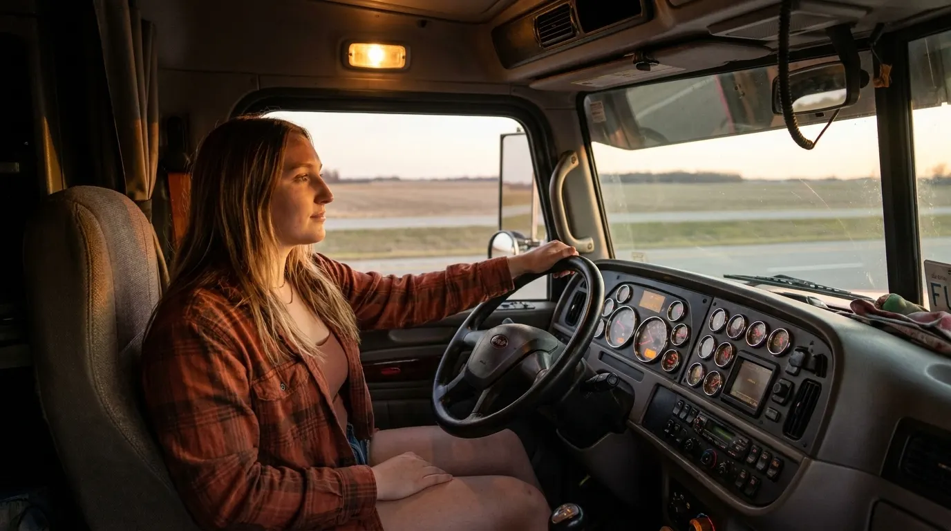 Female truck driver sitting relaxed in semi-truck cab at dusk looking confidently at open road ahead unbothered by AI automation future