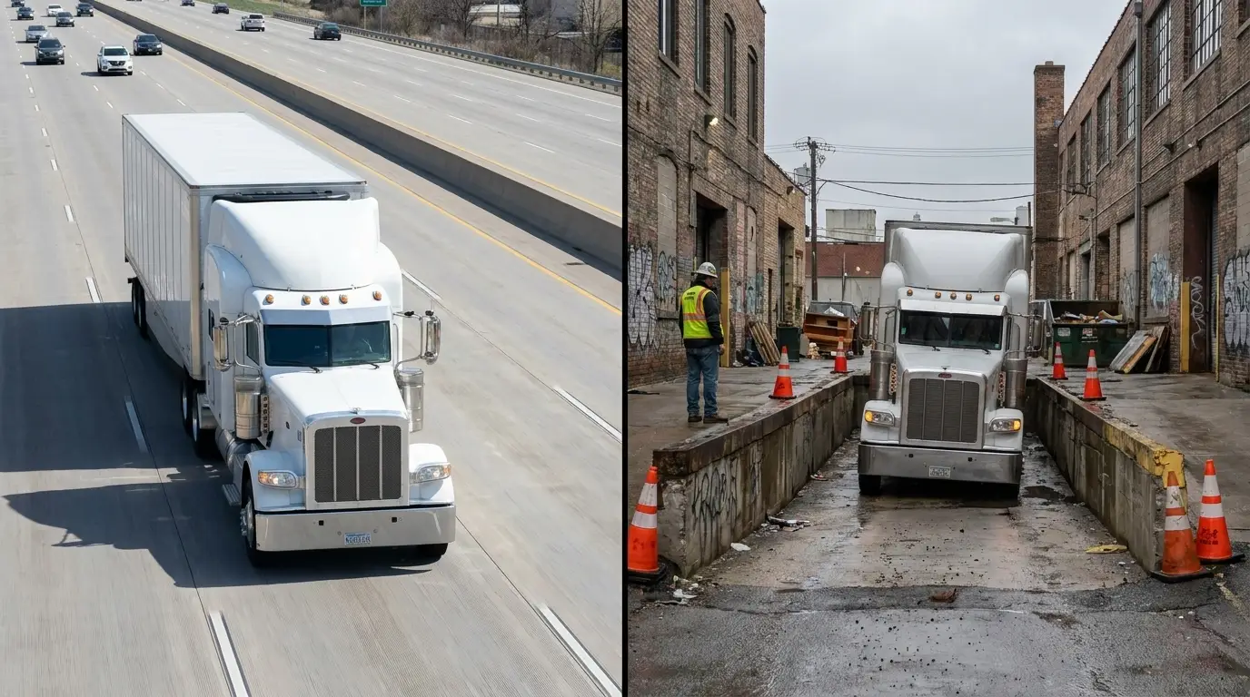 Split scene showing autonomous truck driving smoothly on highway versus struggling with complex urban dock backing maneuver