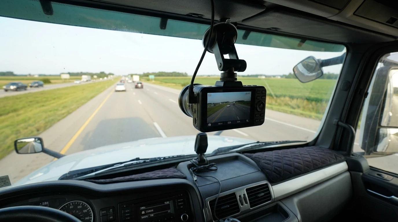 Dual facing dashcam mounted inside semi-truck cab recording Ohio interstate highway for fleet safety program and insurance discount
