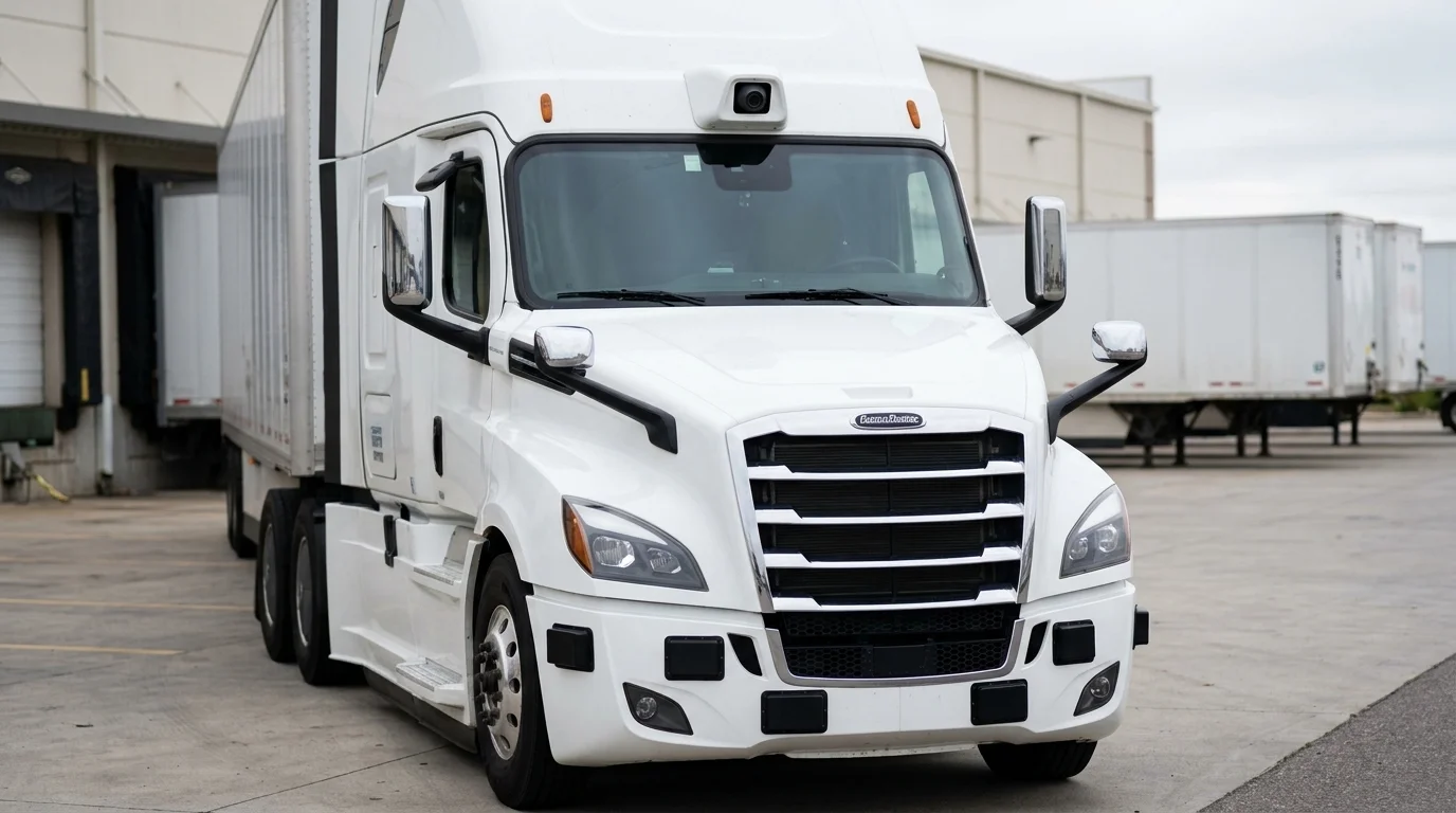 Close up of modern semi-truck front showing ADAS safety technology sensors including forward cameras and radar for AI assisted driving