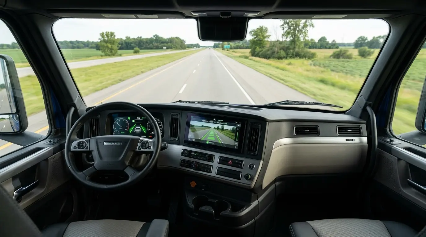 Modern semi-truck cab interior showing AI assisted driving dashboard with lane departure warning and adaptive cruise control on Ohio highway