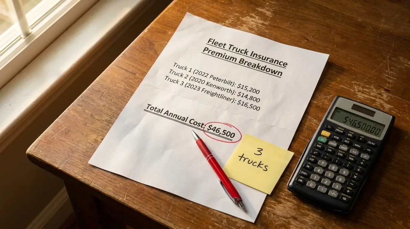 Fleet truck insurance premium breakdown document on desk with calculator showing annual cost for three truck operation
