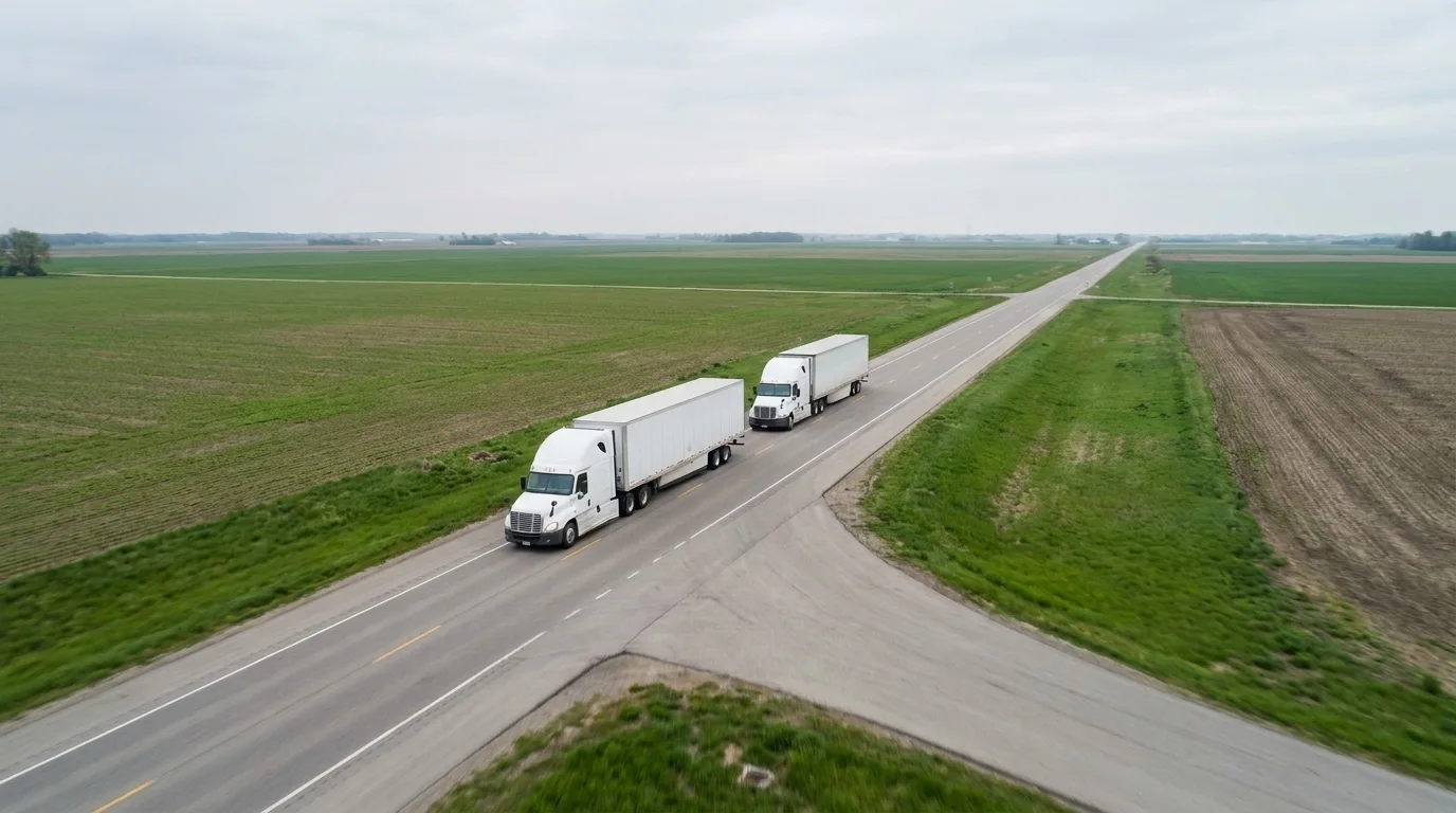 Two white semi-trucks from small fleet driving together on open Ohio interstate highway through farmland during overcast afternoon