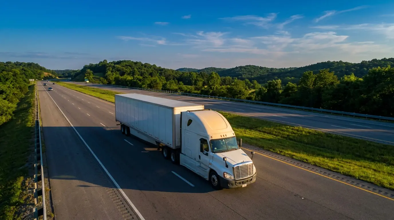 Aerial view of a white semi-truck driving on an open American interstate highway through green Tennessee hills at golden hour