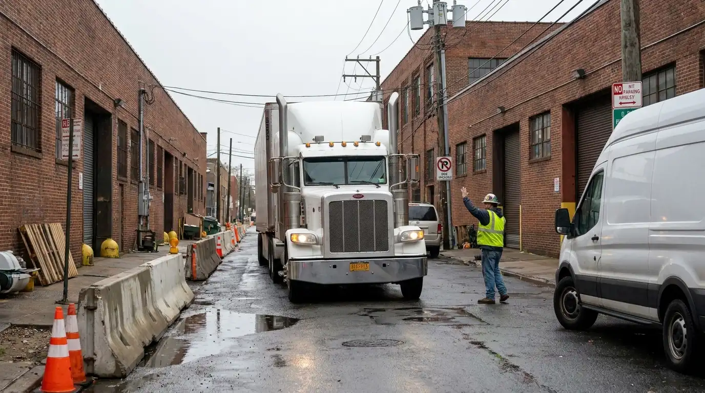 Semi-truck navigating narrow urban industrial street with construction barriers and dock worker assistance showing last mile delivery challenge for AI