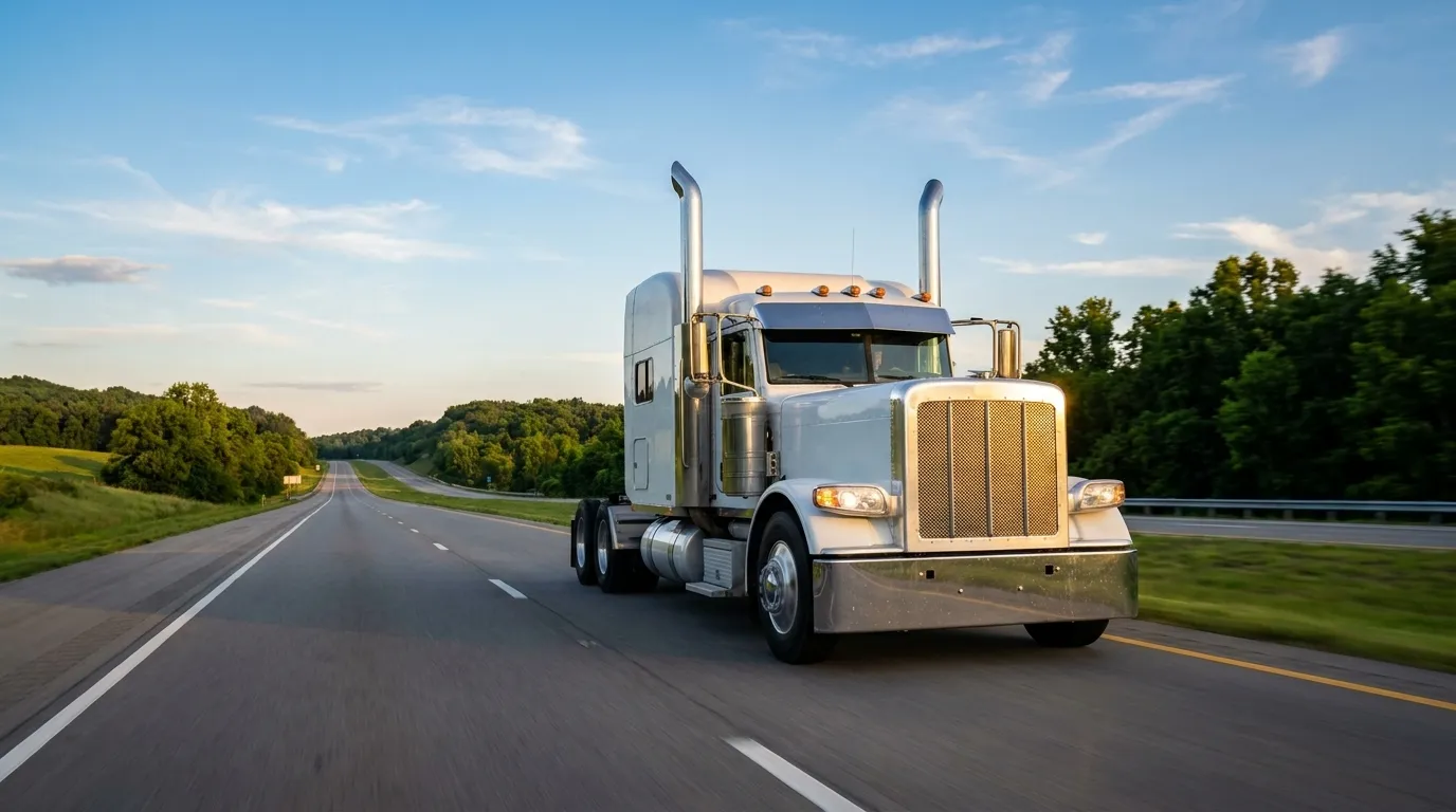 White semi-truck driving on open rural Tennessee interstate highway during golden hour afternoon light