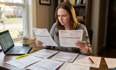Female owner-operator sitting at home office desk comparing multiple trucking insurance quotes spread across the desk in Columbus Ohio