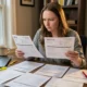 Female owner-operator sitting at home office desk comparing multiple trucking insurance quotes spread across the desk in Columbus Ohio
