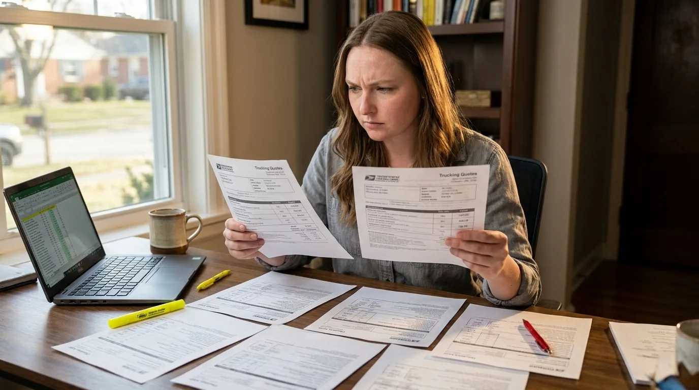 Female owner-operator sitting at home office desk comparing multiple trucking insurance quotes spread across the desk in Columbus Ohio