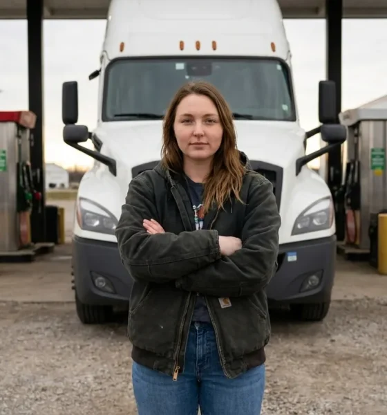 Female truck driver standing confidently in front of semi-truck at Ohio truck stop unbothered by AI replacement concerns