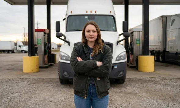 Female truck driver standing confidently in front of semi-truck at Ohio truck stop unbothered by AI replacement concerns