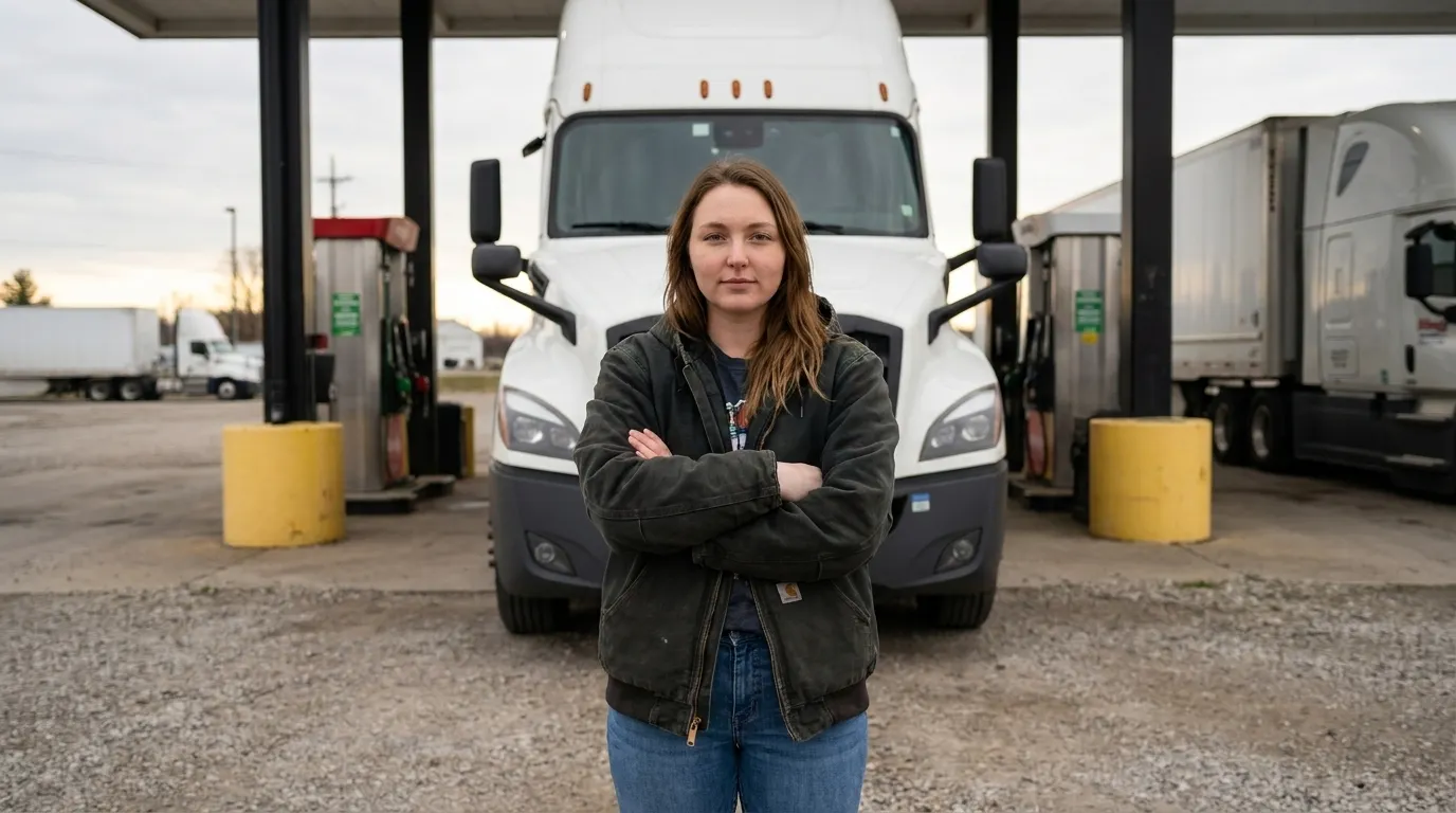 Female truck driver standing confidently in front of semi-truck at Ohio truck stop unbothered by AI replacement concerns
