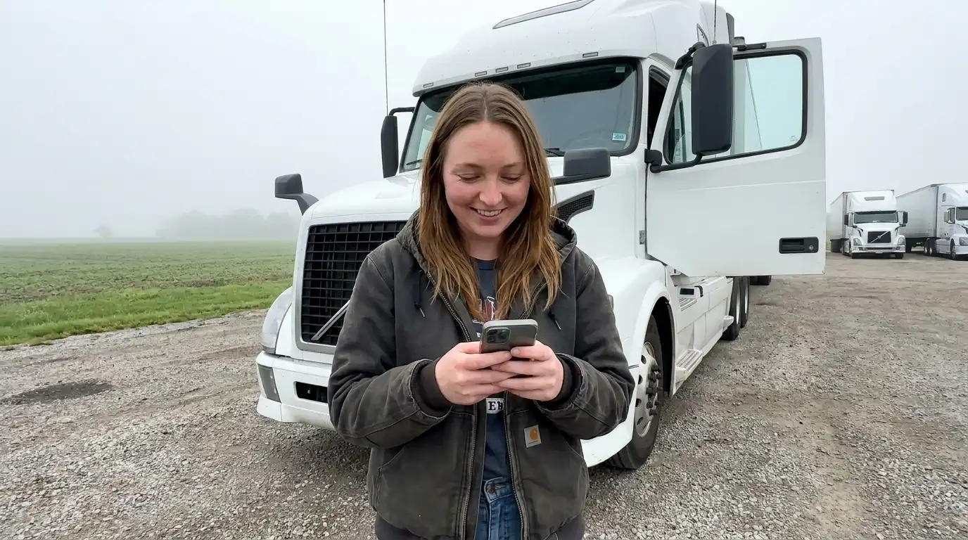 Female owner-operator standing outside her white semi-truck at an Ohio highway rest stop checking phone for trucking insurance quote approval