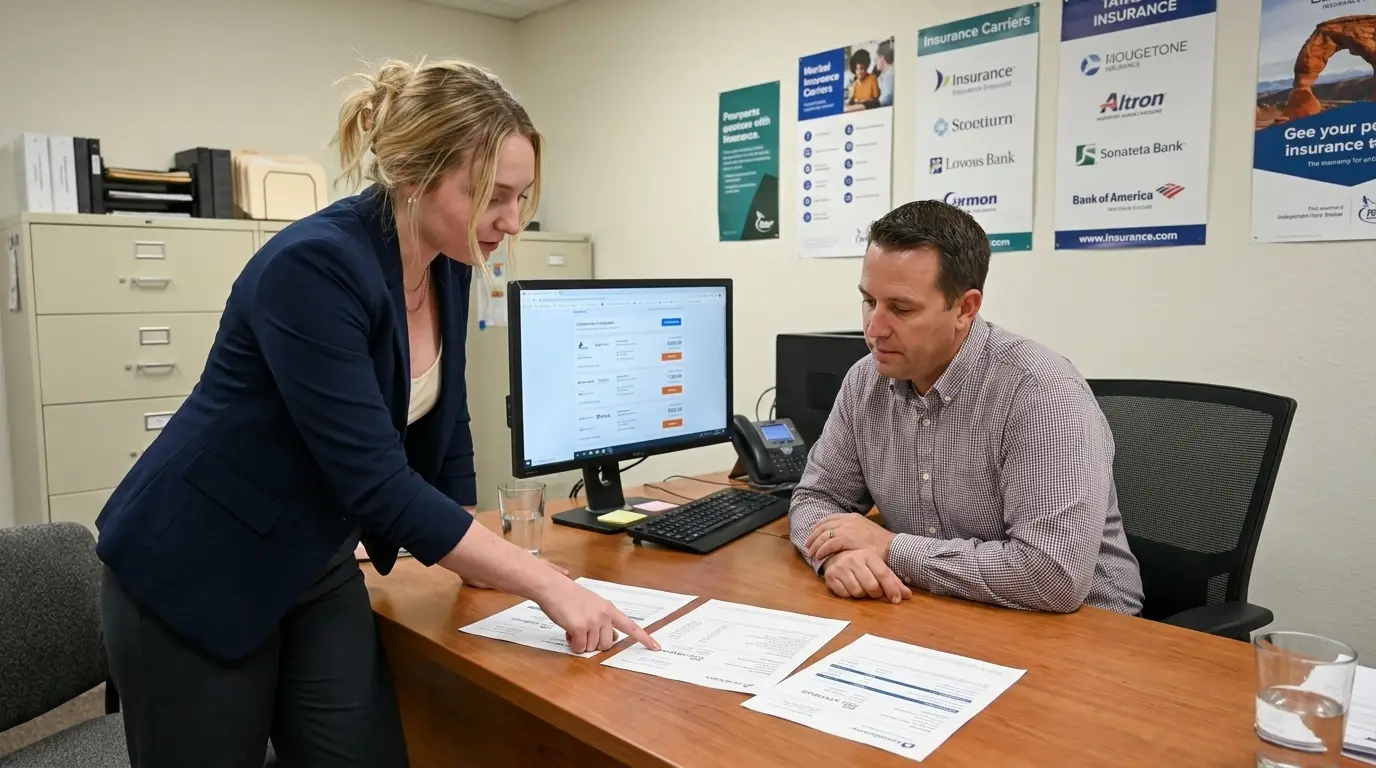 Female truck driver reviewing multiple trucking insurance carrier quotes on screen with independent insurance broker in office