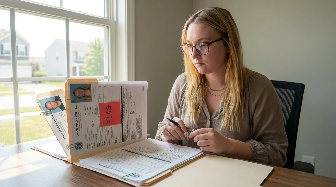 Female fleet owner reviewing driver qualification files and motor vehicle records for fleet truck insurance underwriting in home office