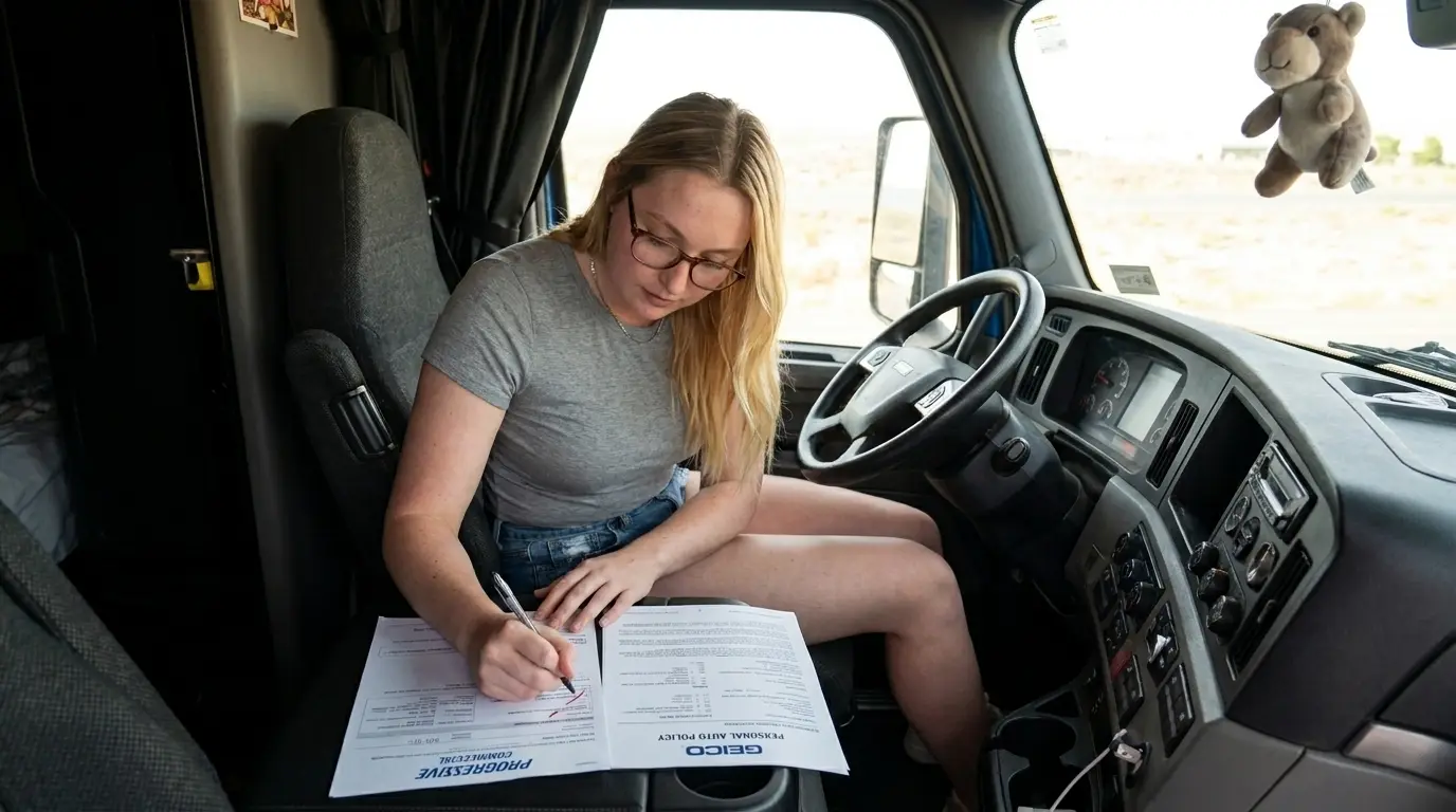 Female owner-operator comparing leased carrier insurance document versus own authority insurance policy inside semi-truck cab