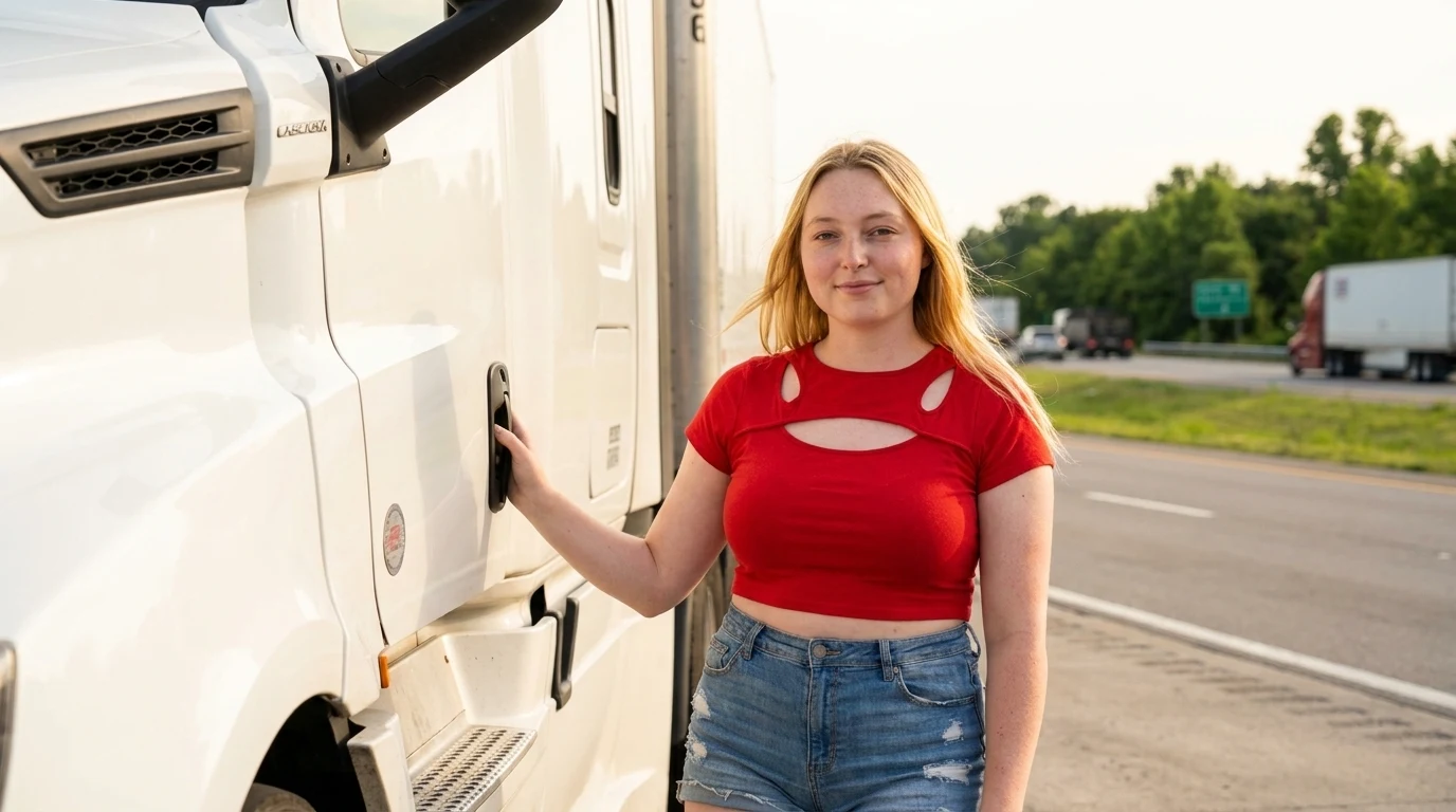 A confident woman truck driver standing in front of a Freightliner Cascadia semi-truck at a Tennessee truck stop