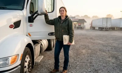Female owner-operator standing in front of her white semi-truck at a Tennessee truck stop holding insurance documents during early morning