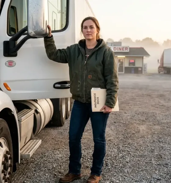 Female owner-operator standing in front of her white semi-truck at a Tennessee truck stop holding insurance documents during early morning