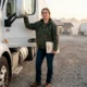 Female owner-operator standing in front of her white semi-truck at a Tennessee truck stop holding insurance documents during early morning