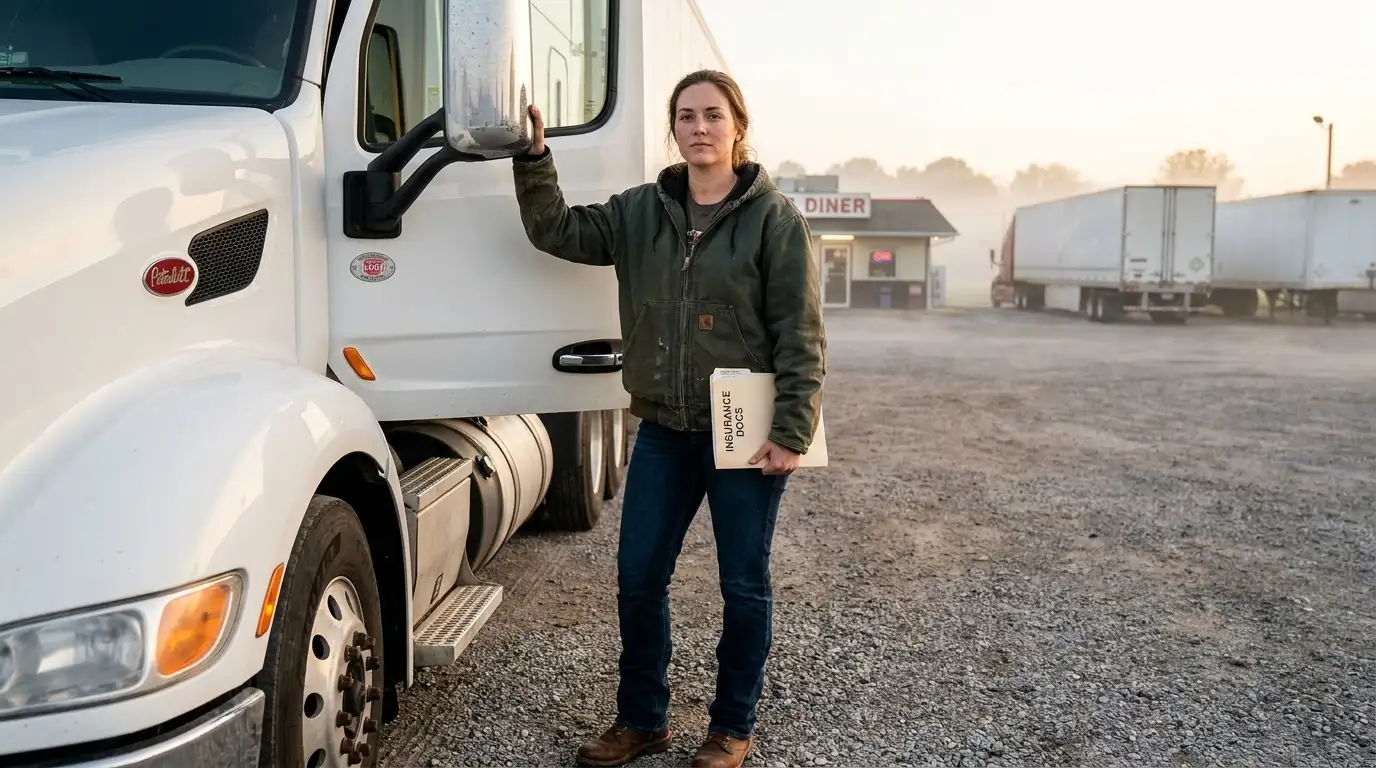 Female owner-operator standing in front of her white semi-truck at a Tennessee truck stop holding insurance documents during early morning