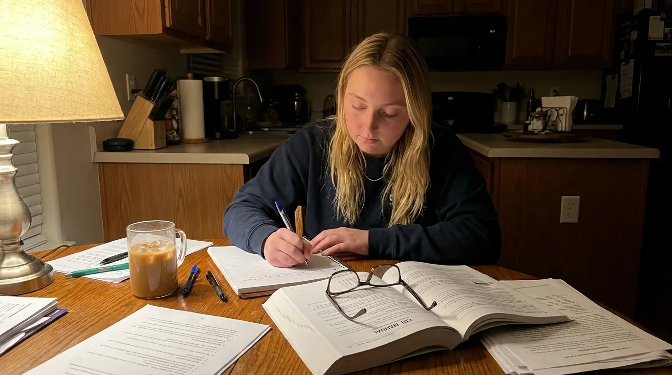 A woman studying CDL manual and taking notes at kitchen table late at night preparing for Commercial Driver's License exam
