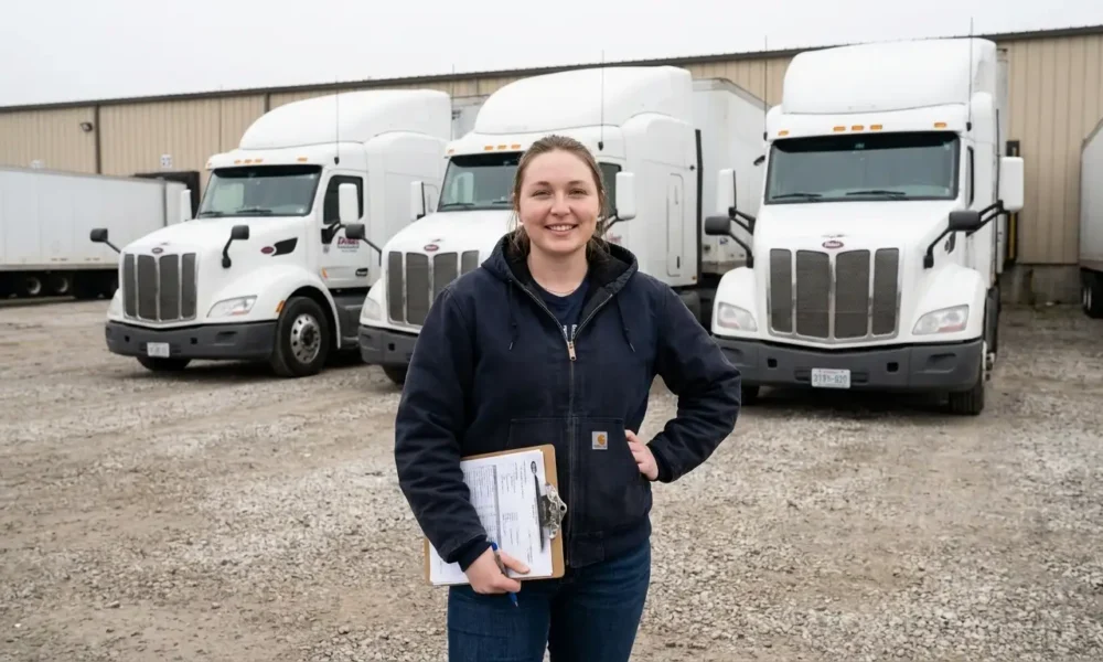 Female small fleet owner standing in front of three white semi-trucks at Columbus Ohio trucking yard holding fleet insurance documents