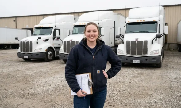 Female small fleet owner standing in front of three white semi-trucks at Columbus Ohio trucking yard holding fleet insurance documents