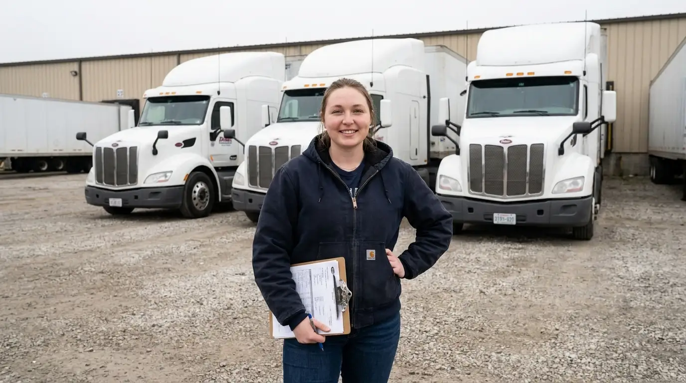 Female small fleet owner standing in front of three white semi-trucks at Columbus Ohio trucking yard holding fleet insurance documents