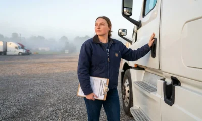 A female owner-operator standing beside her white semi-truck at a Tennessee truck stop in the morning holding commercial truck insurance documents