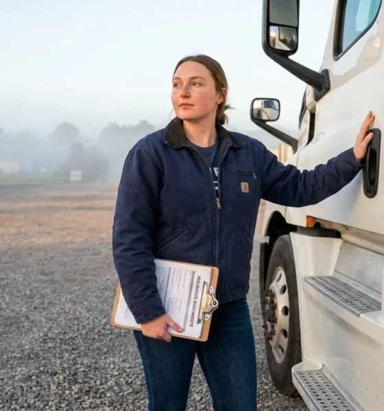 A female owner-operator standing beside her white semi-truck at a Tennessee truck stop in the morning holding commercial truck insurance documents