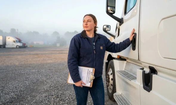 A female owner-operator standing beside her white semi-truck at a Tennessee truck stop in the morning holding commercial truck insurance documents