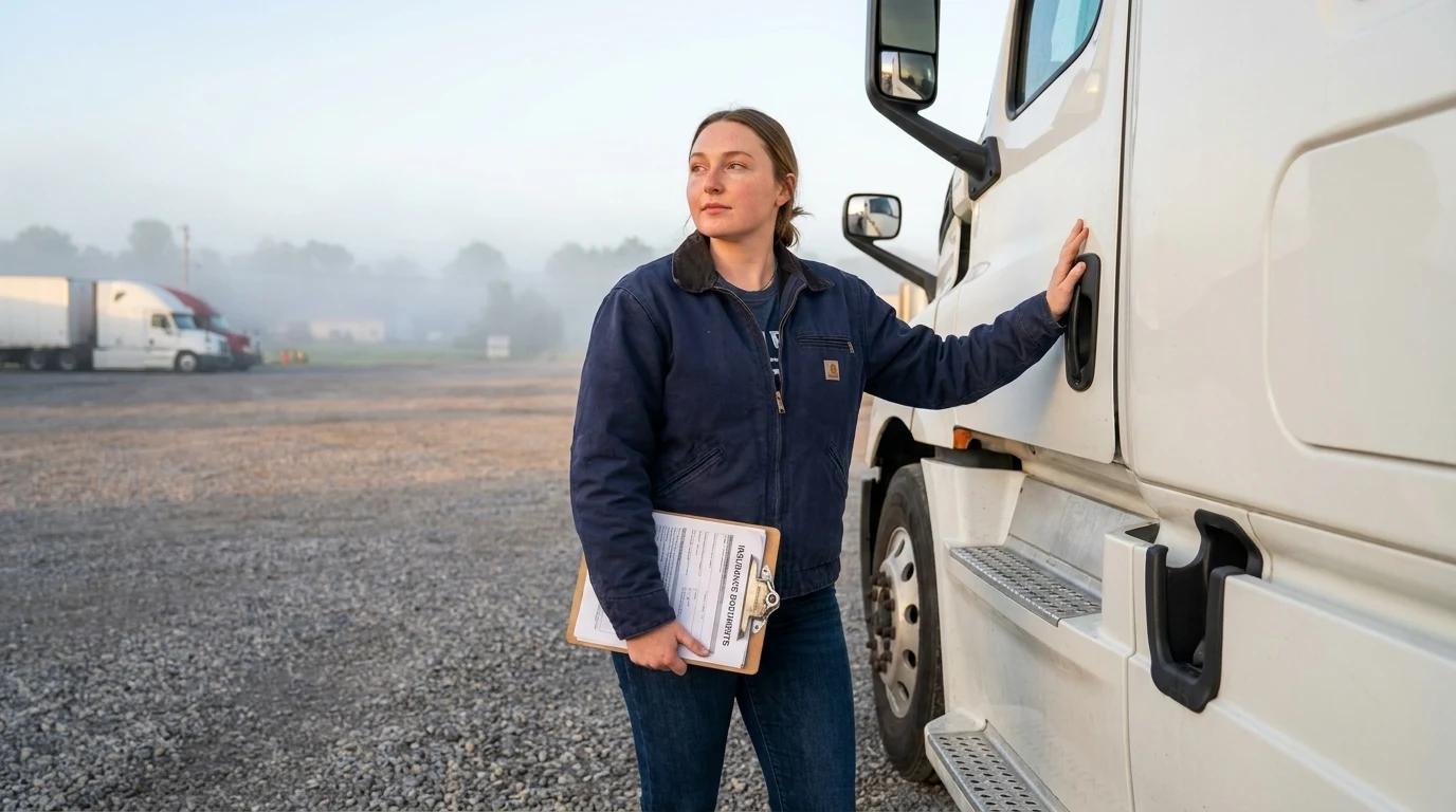 A female owner-operator standing beside her white semi-truck at a Tennessee truck stop in the morning holding commercial truck insurance documents