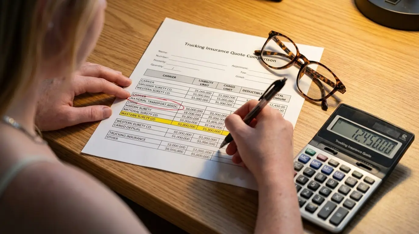Close up of hands comparing trucking insurance quote spreadsheet with highlighted premium amounts deductibles and liability limits