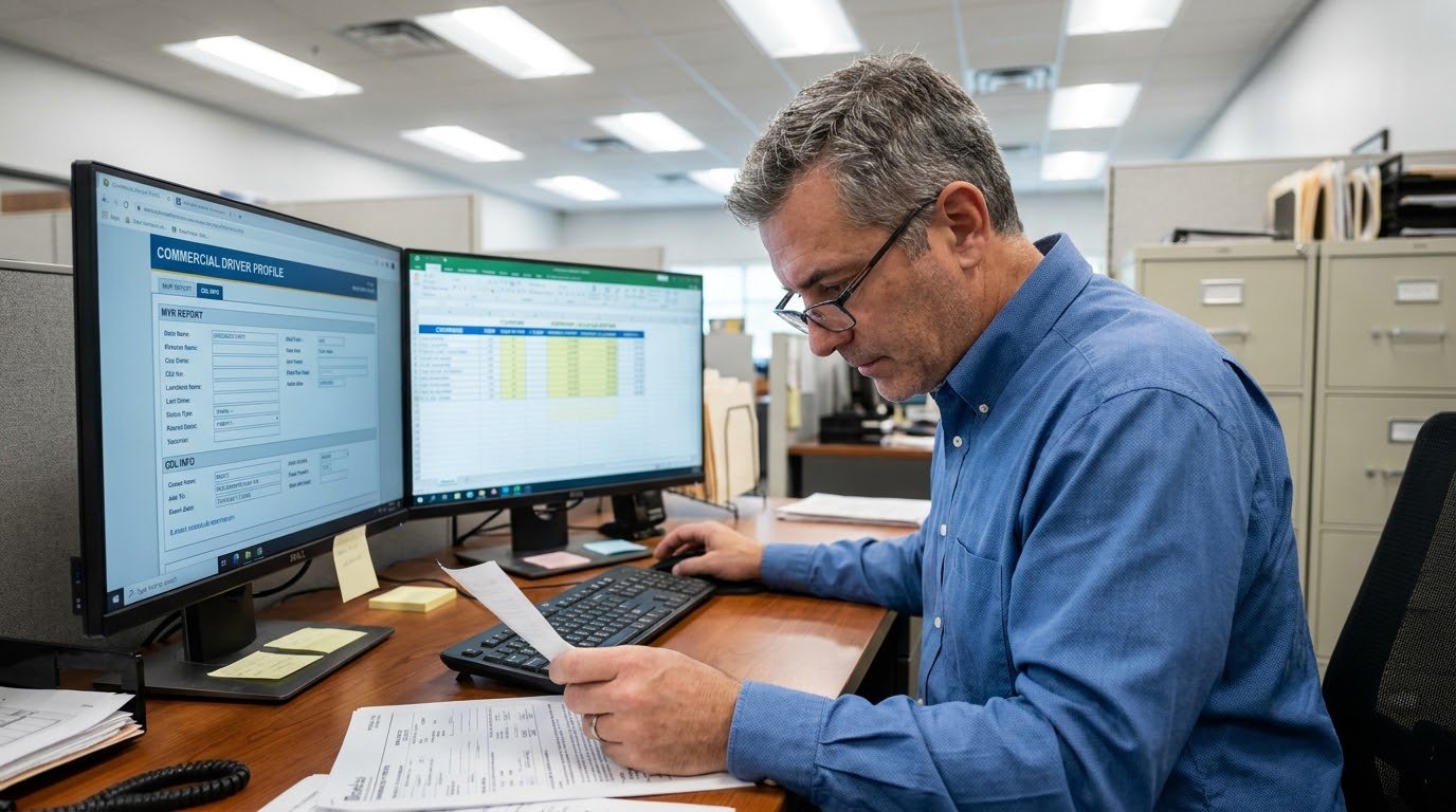Insurance underwriter reviewing commercial driver MVR records and CDL information on computer screens for auto insurance quote calculation