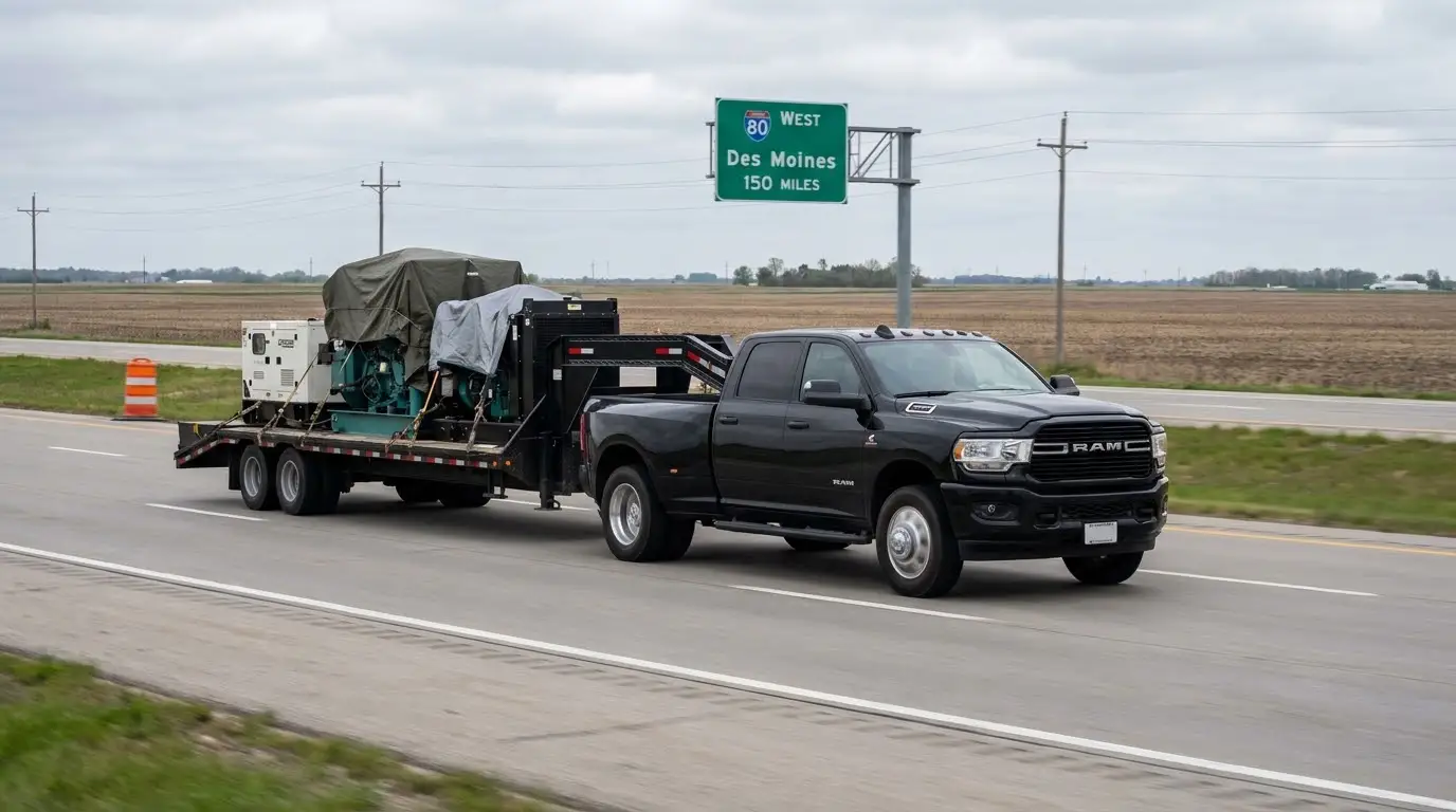 Black Ram 3500 pickup truck pulling loaded flatbed gooseneck trailer with industrial equipment on open American interstate highway