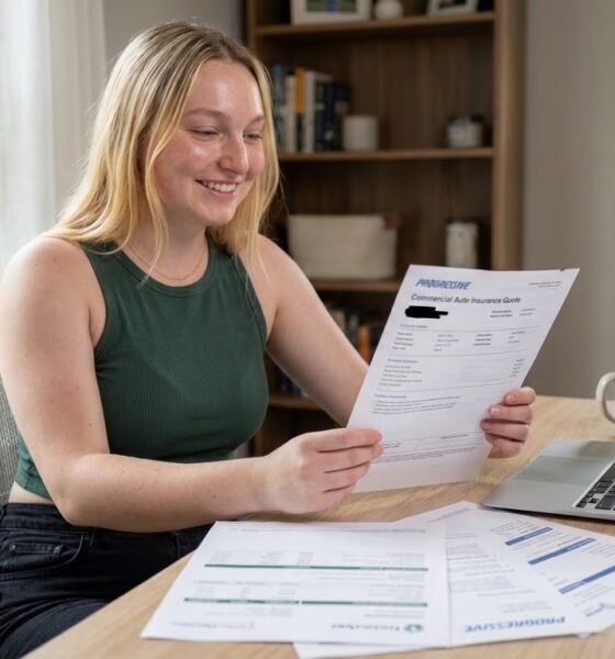 Stella Brown owner-operator reviewing commercial auto insurance quotes at home office desk in Columbus Ohio