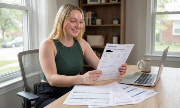 Stella Brown owner-operator reviewing commercial auto insurance quotes at home office desk in Columbus Ohio