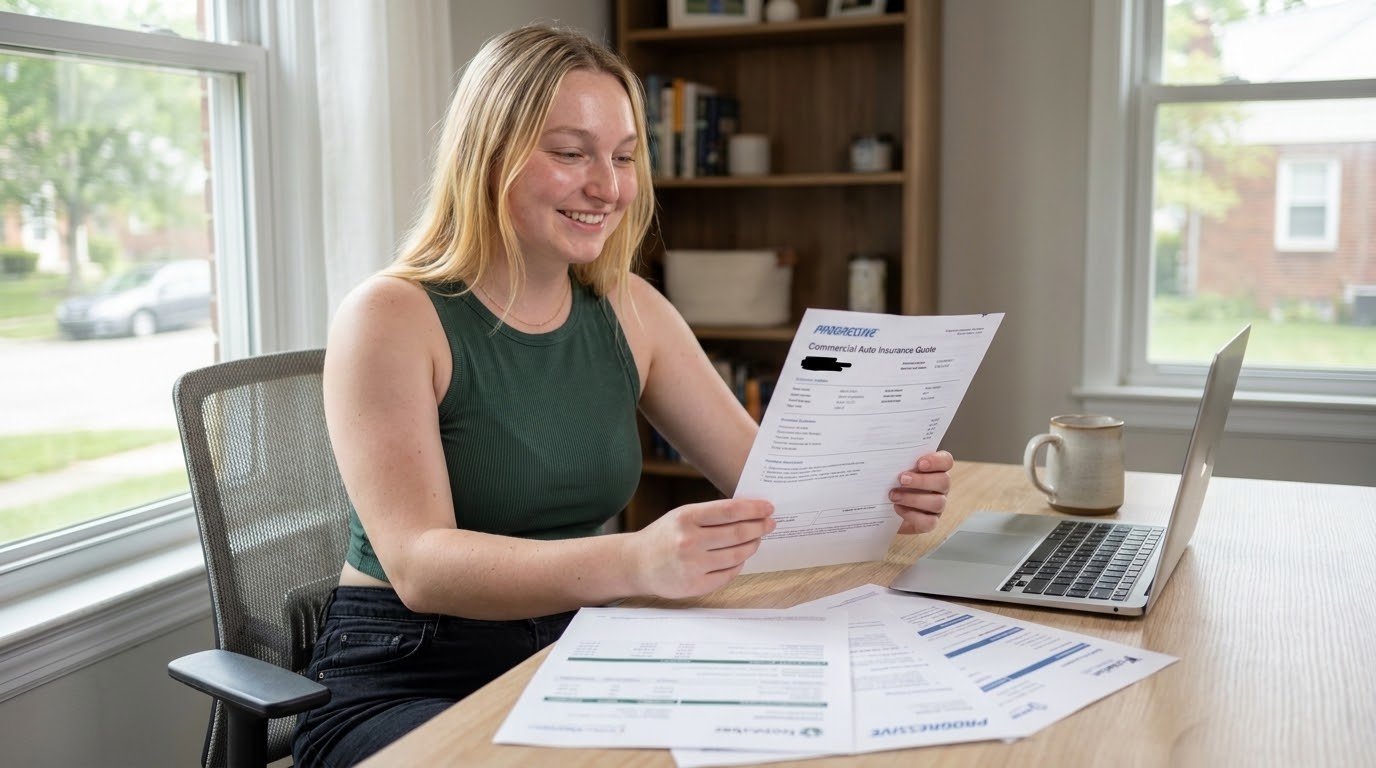 Stella Brown owner-operator reviewing commercial auto insurance quotes at home office desk in Columbus Ohio