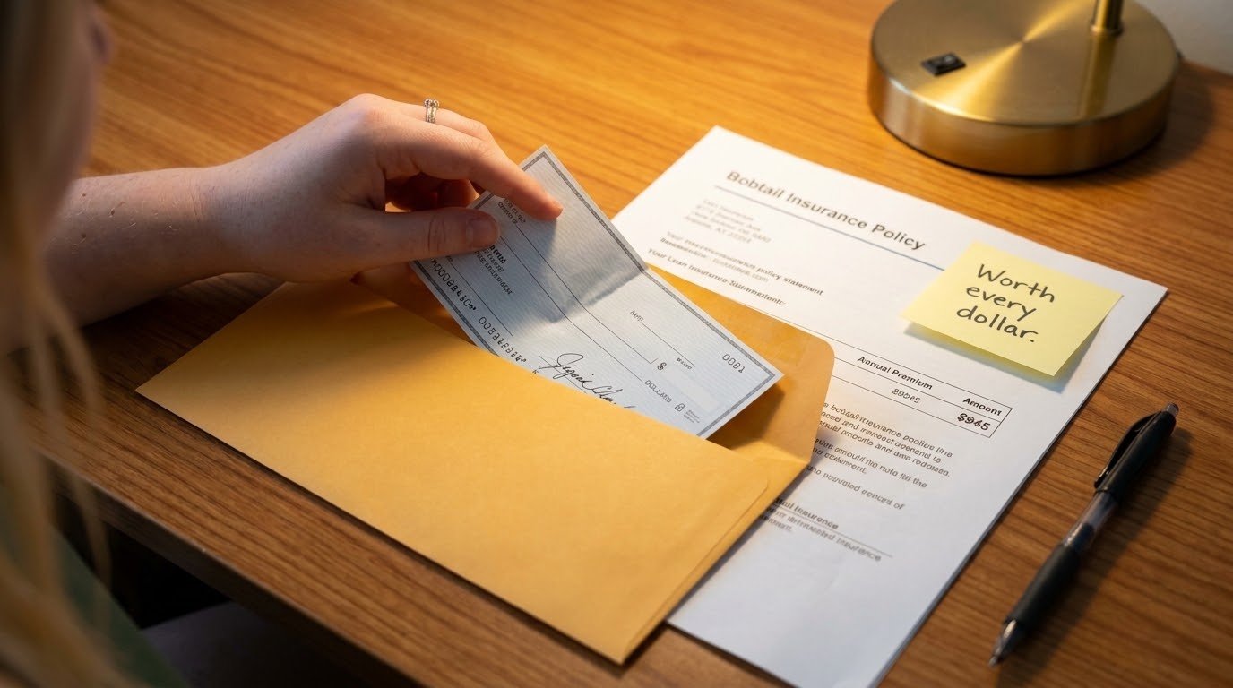Female owner-operator hand placing bobtail insurance annual premium payment in envelope showing affordable cost of coverage