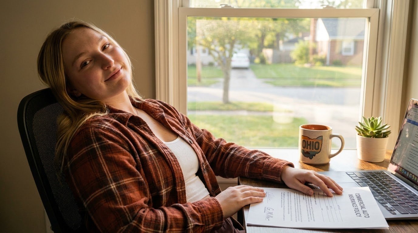 Female owner-operator sitting confidently at Columbus Ohio home office desk with signed commercial auto insurance policy showing satisfied result
