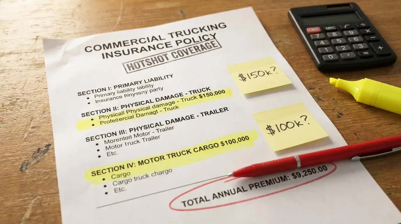 Hotshot trucking insurance policy document showing complete coverage package including primary liability physical damage truck trailer and cargo on office desk
