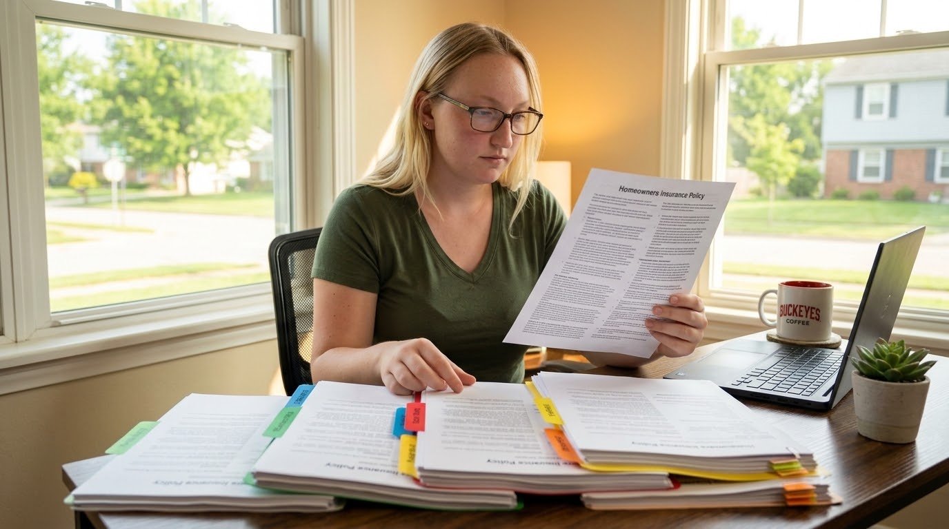 Female owner-operator organizing complete trucking insurance package documents including bobtail coverage at Columbus Ohio home office desk