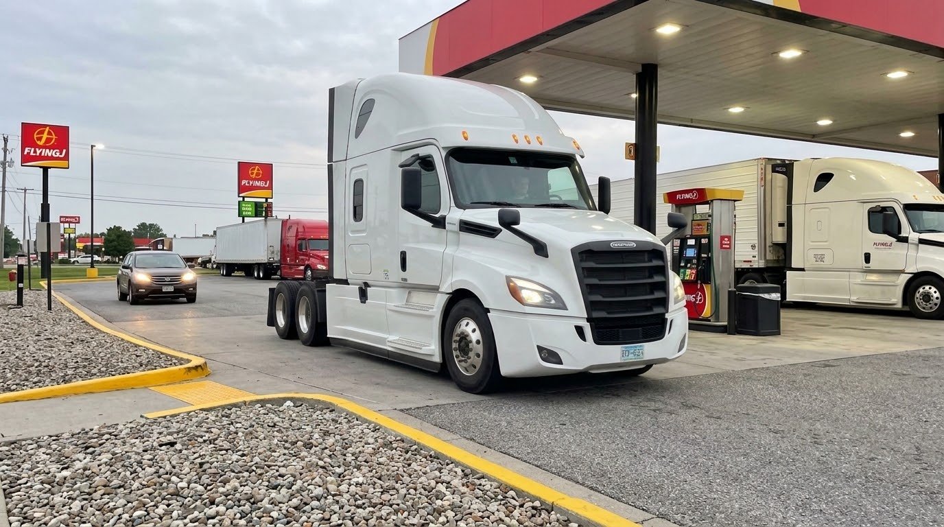 White bobtail semi-truck tractor pulling out of Flying J truck stop fuel lane in Ohio showing real world coverage gap scenario