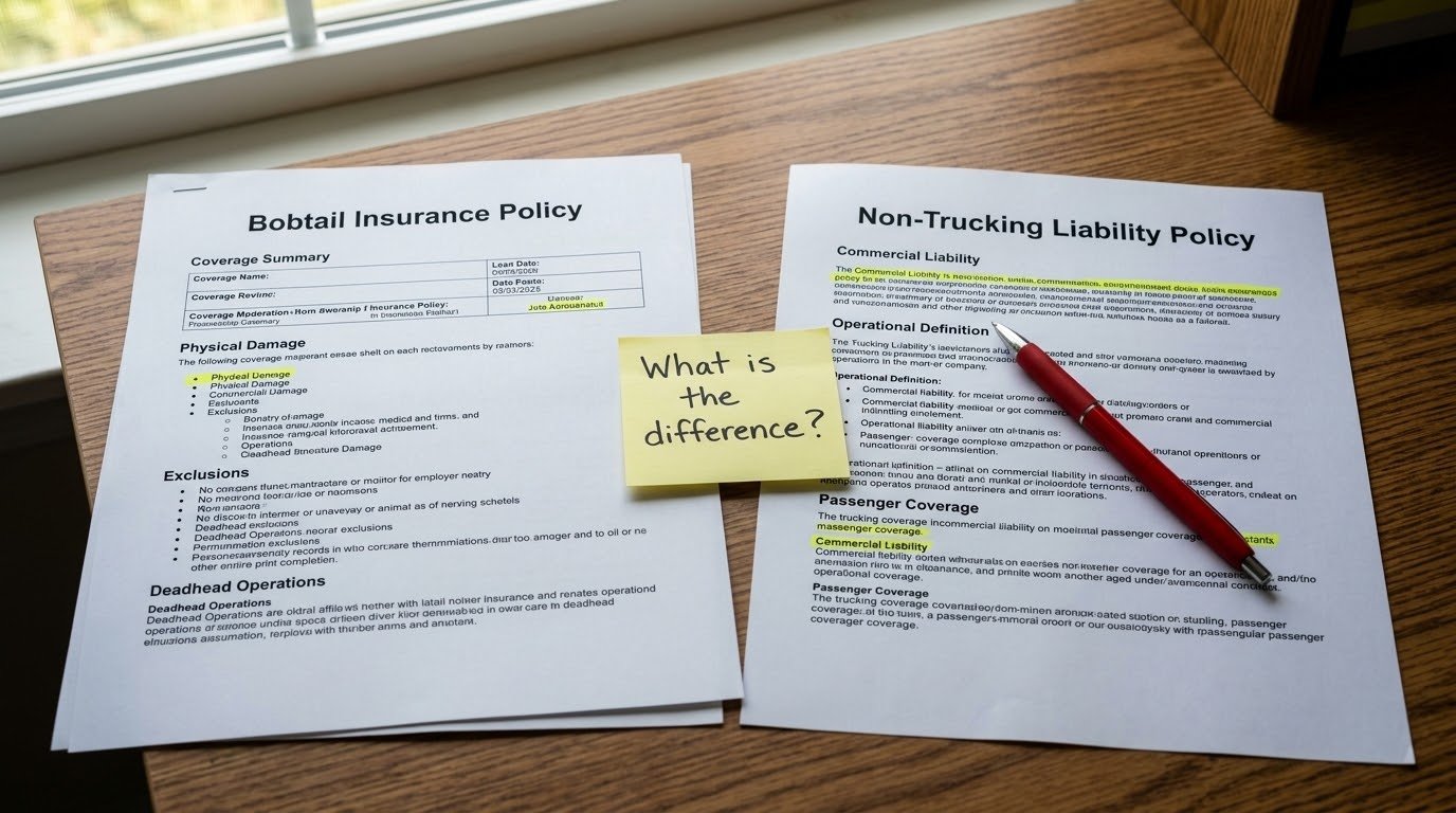 Two printed insurance documents comparing bobtail insurance policy versus non trucking liability policy side by side on office desk