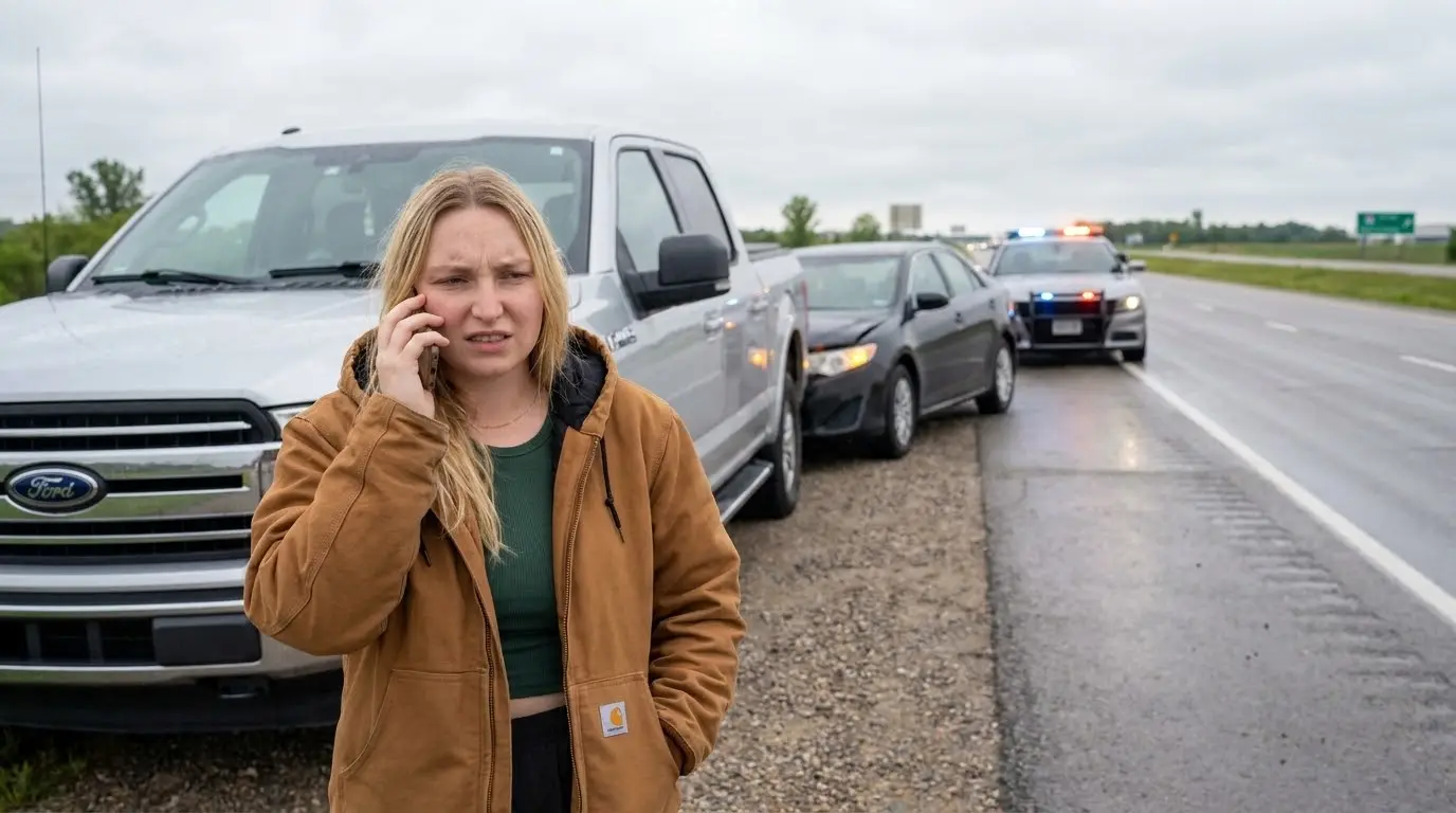 Stressed hotshot truck operator on phone beside pickup truck at highway accident scene showing consequences of inadequate trucking insurance coverage
