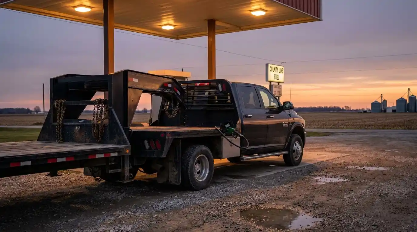 Ram 3500 pickup truck with flatbed gooseneck trailer parked at rural Ohio fuel stop at dusk representing hotshot trucking operation on the road