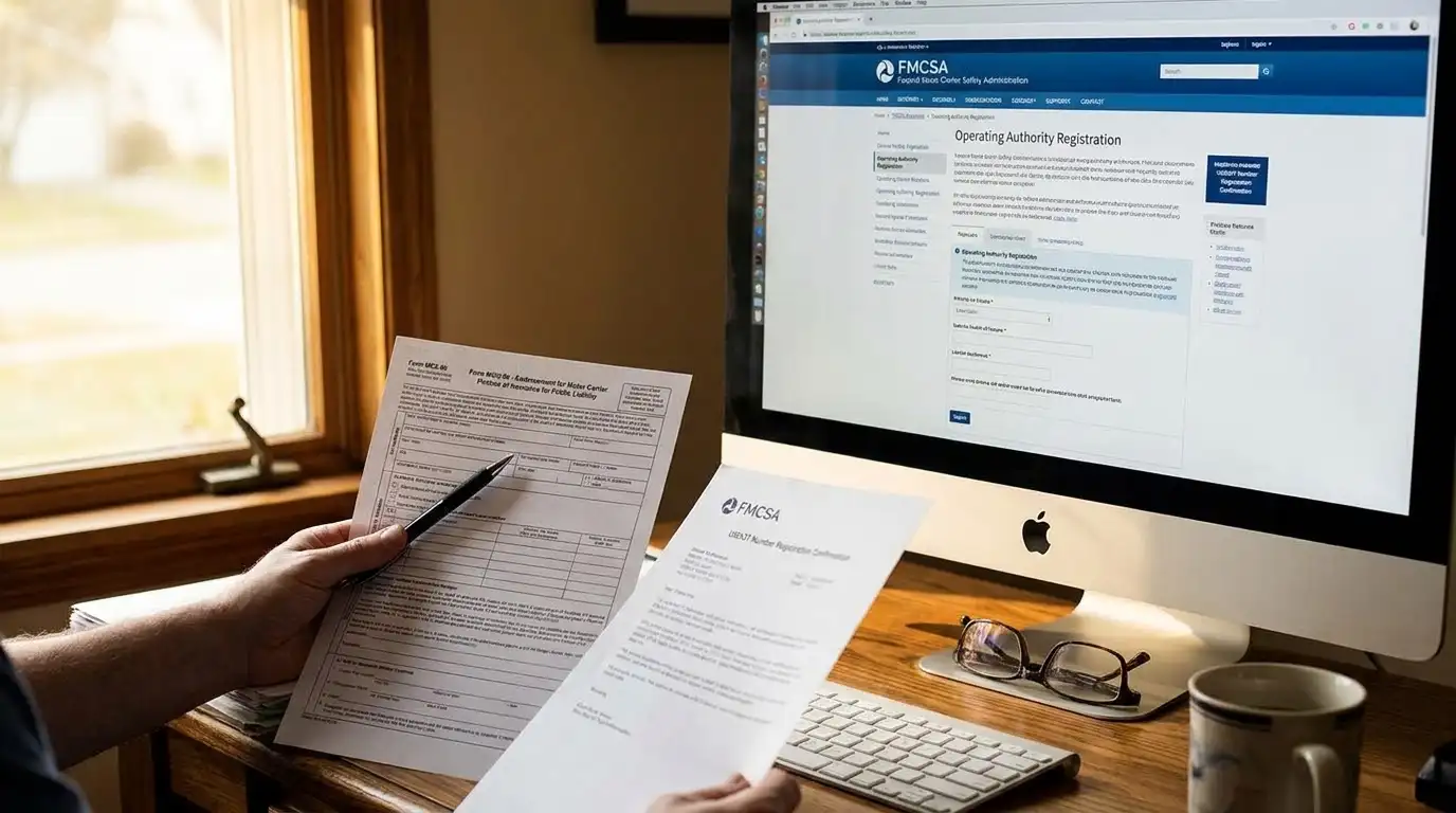 Computer screen showing FMCSA operating authority registration page beside printed MCS-90 endorsement document and USDOT registration for hotshot trucking insurance compliance