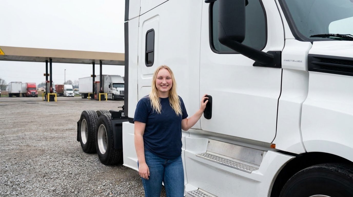 Female owner-operator standing beside bobtail semi-truck tractor without trailer at Columbus Ohio truck stop