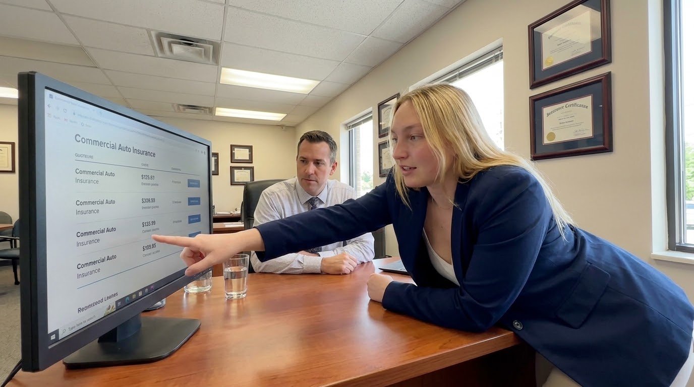 Female owner-operator reviewing commercial auto insurance quote comparison with independent broker showing multiple carrier options on screen